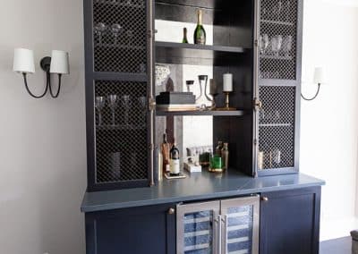 Family Room Dry Bar Cabinetry in Elmhurst, Illinois crimp wire grille cremone tricorn black