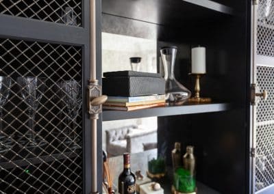 Family Room Dry Bar Cabinetry in Elmhurst, Illinois crimp wire grille cremone tricorn black