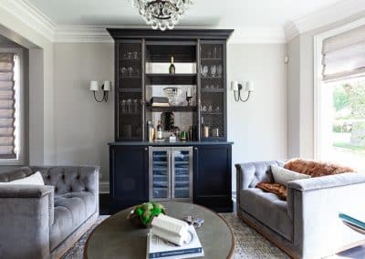 Family Room Dry Bar Cabinetry in Elmhurst, Illinois crimp wire grille cremone tricorn black