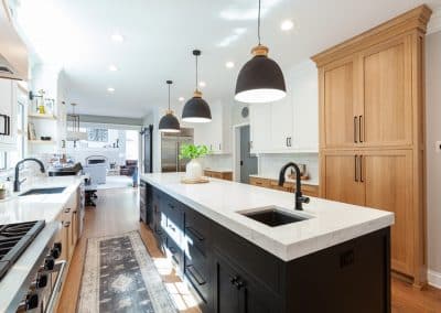 Black and White Kitchen in Wheaton, Illinois rift sawn white oak, live edge dry bar countertop, live edge countertop,