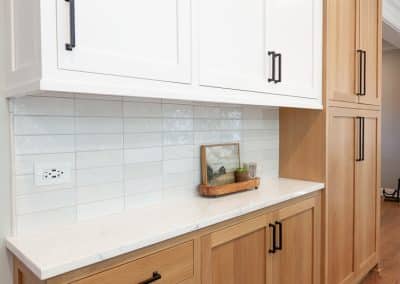 Black and White Kitchen in Wheaton, Illinois rift sawn white oak, live edge dry bar countertop, live edge countertop,