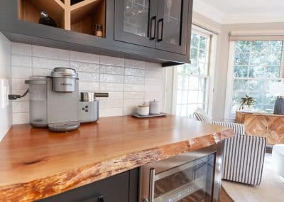 Black and White Kitchen in Wheaton, Illinois rift sawn white oak, live edge dry bar countertop, live edge countertop,