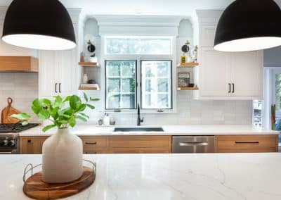 Black and White Kitchen in Wheaton, Illinois rift sawn white oak, live edge dry bar countertop, live edge countertop,