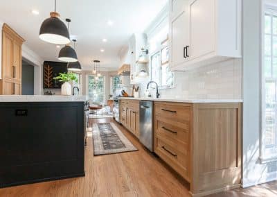 Black and White Kitchen in Wheaton, Illinois rift sawn white oak, live edge dry bar countertop, live edge countertop,