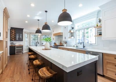 Black and White Kitchen in Wheaton, Illinois rift sawn white oak, live edge dry bar countertop, live edge countertop,