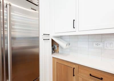 Black and White Kitchen in Wheaton, Illinois rift sawn white oak, live edge dry bar countertop, live edge countertop,