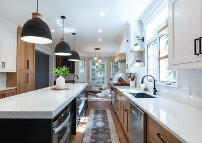 Black and White Kitchen in Wheaton, Illinois rift sawn white oak, live edge dry bar countertop, live edge countertop,