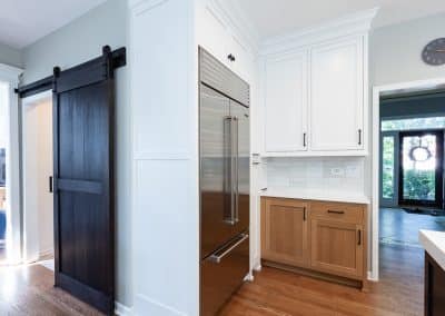 Black and White Kitchen in Wheaton, Illinois rift sawn white oak, live edge dry bar countertop, live edge countertop,