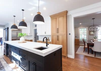 Black and White Kitchen in Wheaton, Illinois rift sawn white oak, live edge dry bar countertop, live edge countertop,