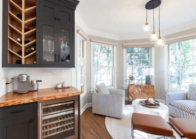 Black and White Kitchen in Wheaton, Illinois rift sawn white oak, live edge dry bar countertop, live edge countertop,