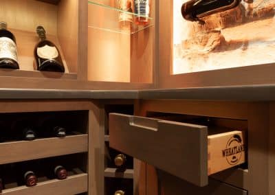 Home Wine Cellar in Naperville, Illinois glass doors inset cabinetry brown stain wine storage