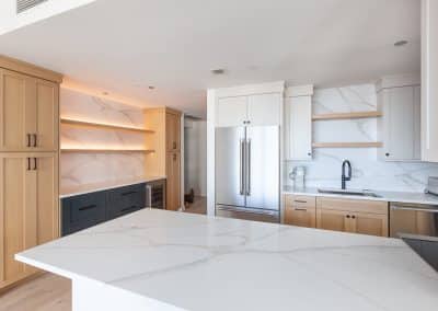 modern kitchen renovation condo chicago illinois rift white oak calacatta quartz backsplash